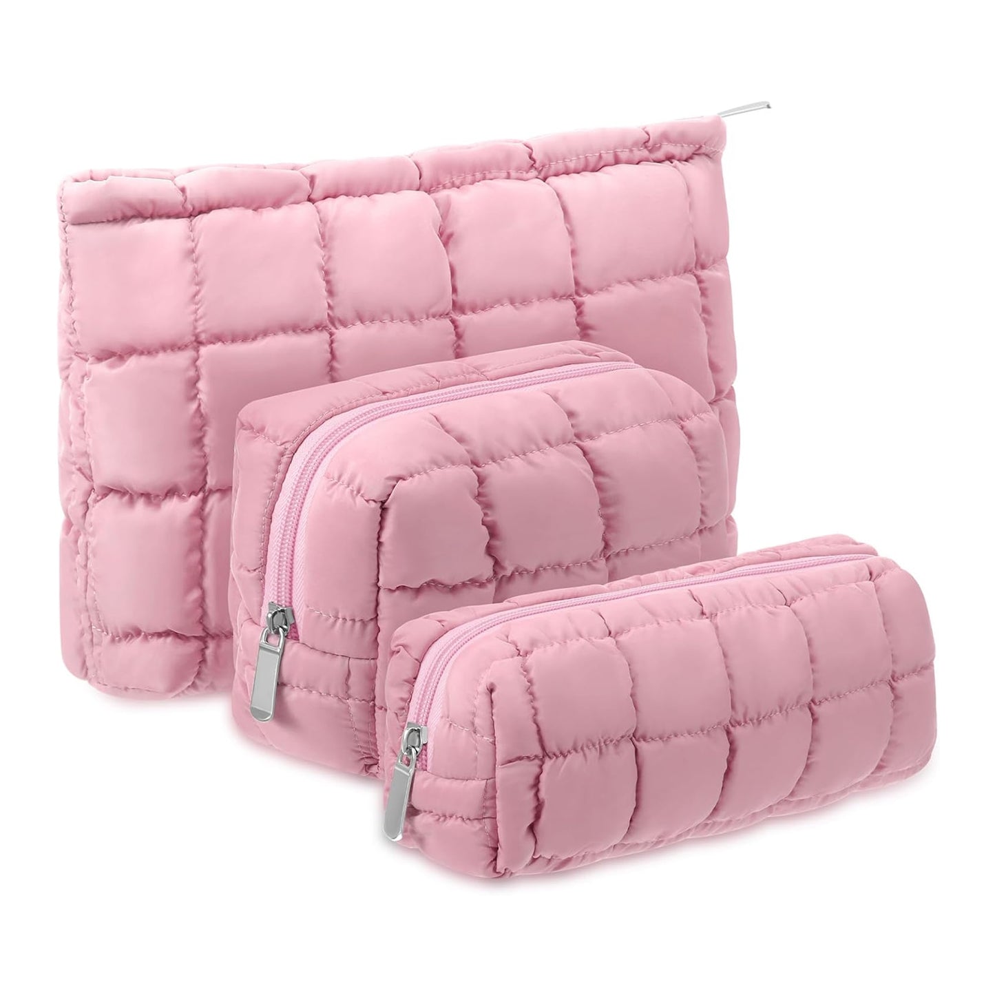 3 Pc Puffy Quilted Cosmetic Bag Set