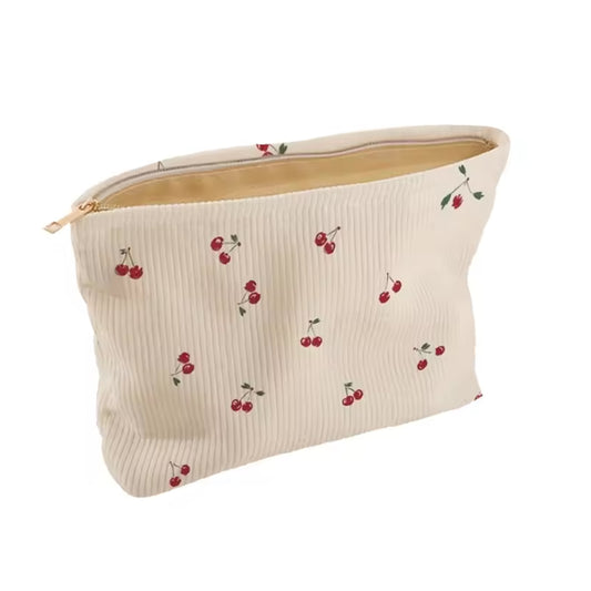 Cherry Printed Corduroy Cosmetic Bag