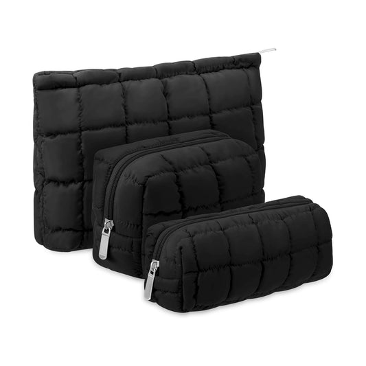 3 Pc Puffy Quilted Cosmetic Bag Set